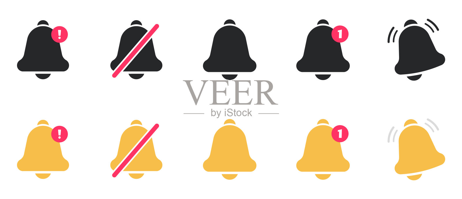 通知铃声图标集。报警的象征。传入消息符号。铃声订阅，闹钟和推送聊天提醒。新的通知、提醒。金铃摇动，提醒你即将到来的日程安排插画图片素材