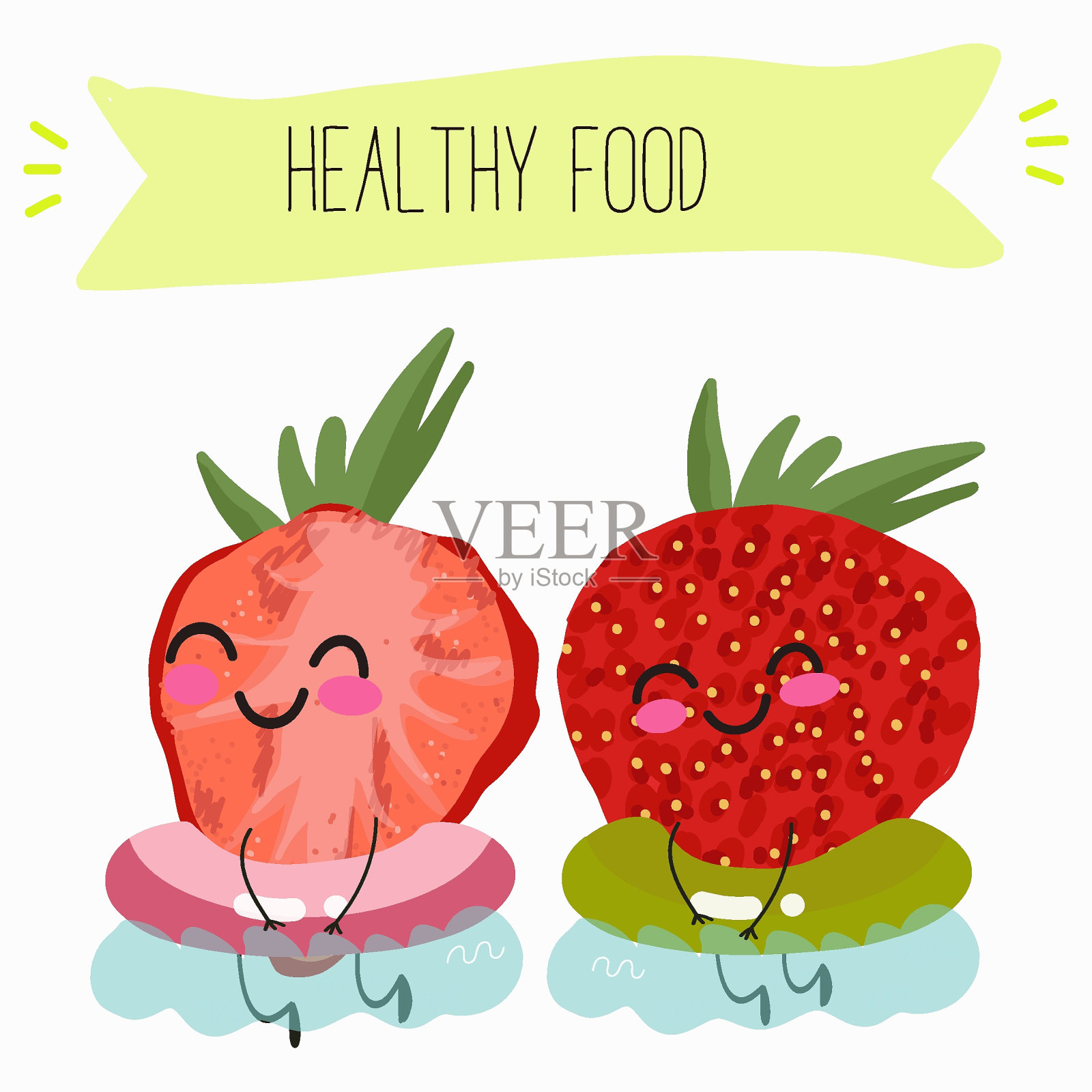 有趣的草莓人物设计。水果的海报。矢量插图。手绘，纹理，儿童菜单。插画图片素材
