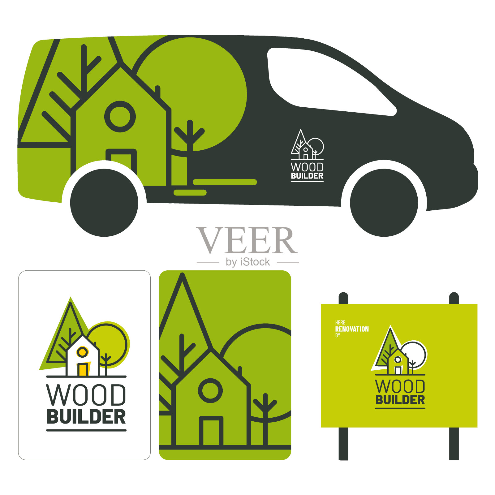 标志为专门从事木结构、生态、可持续、建筑工地标志、名片、车辆的工匠插画图片素材