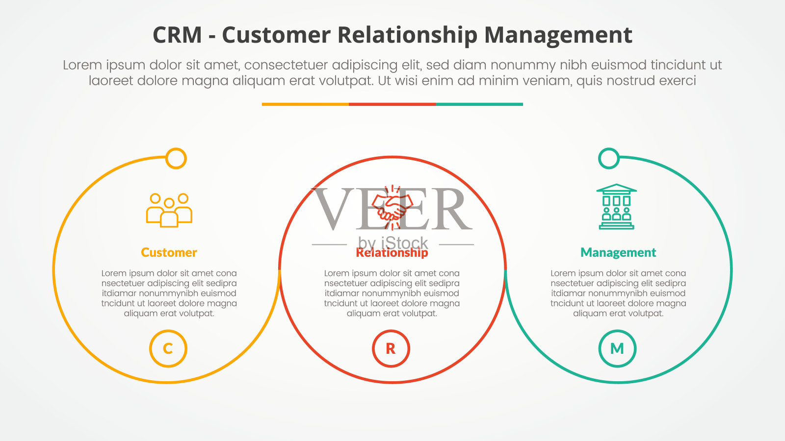 CRM客户关系管理信息图表概念，幻灯片演示，大轮廓圆，圆形循环，3点列表，平面风格插画图片素材