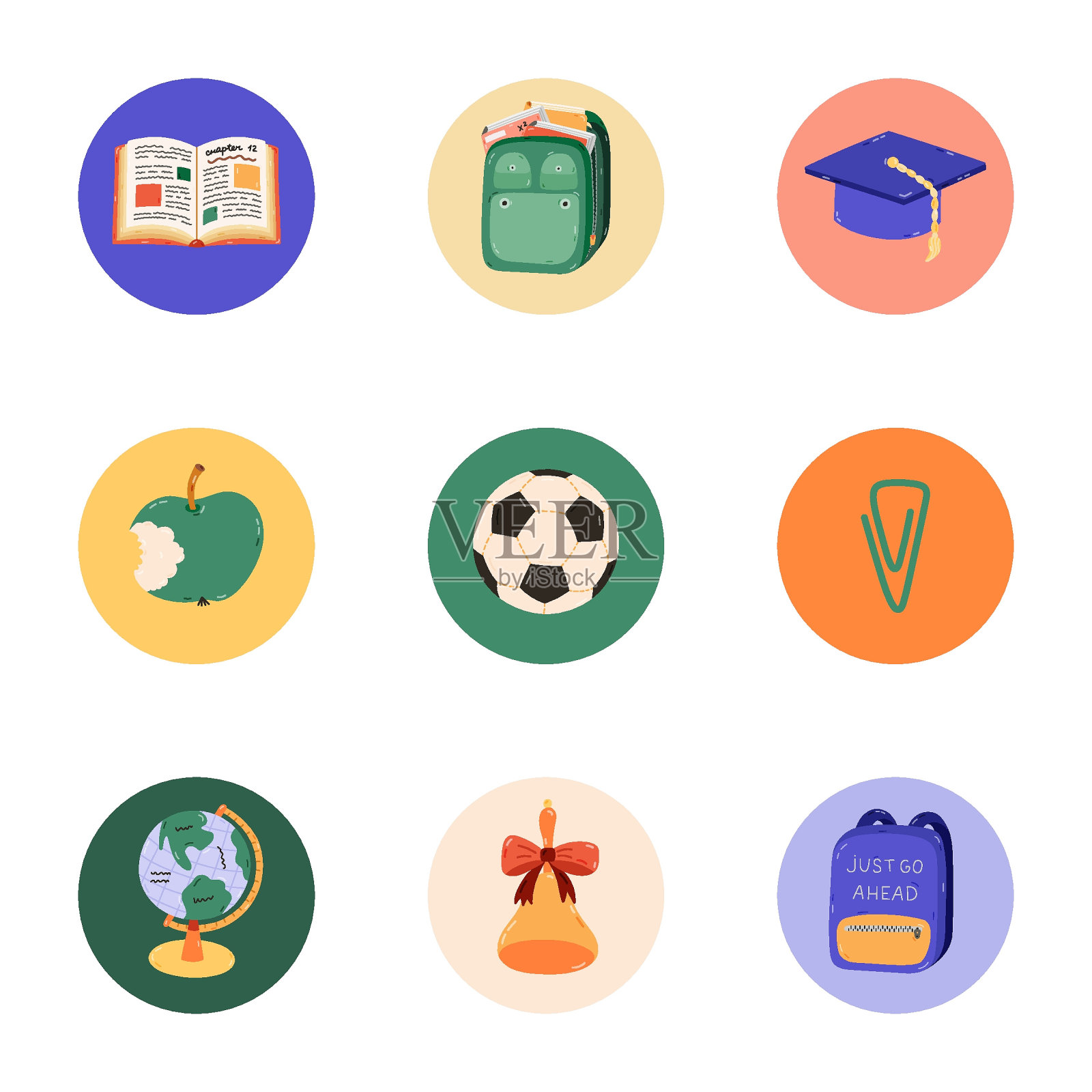 时尚和色彩缤纷的圆形亮点为不同的社交媒体，博客，企业，品牌与返校插图。封面图标与足球，书包，教育剪贴画的故事。插画图片素材