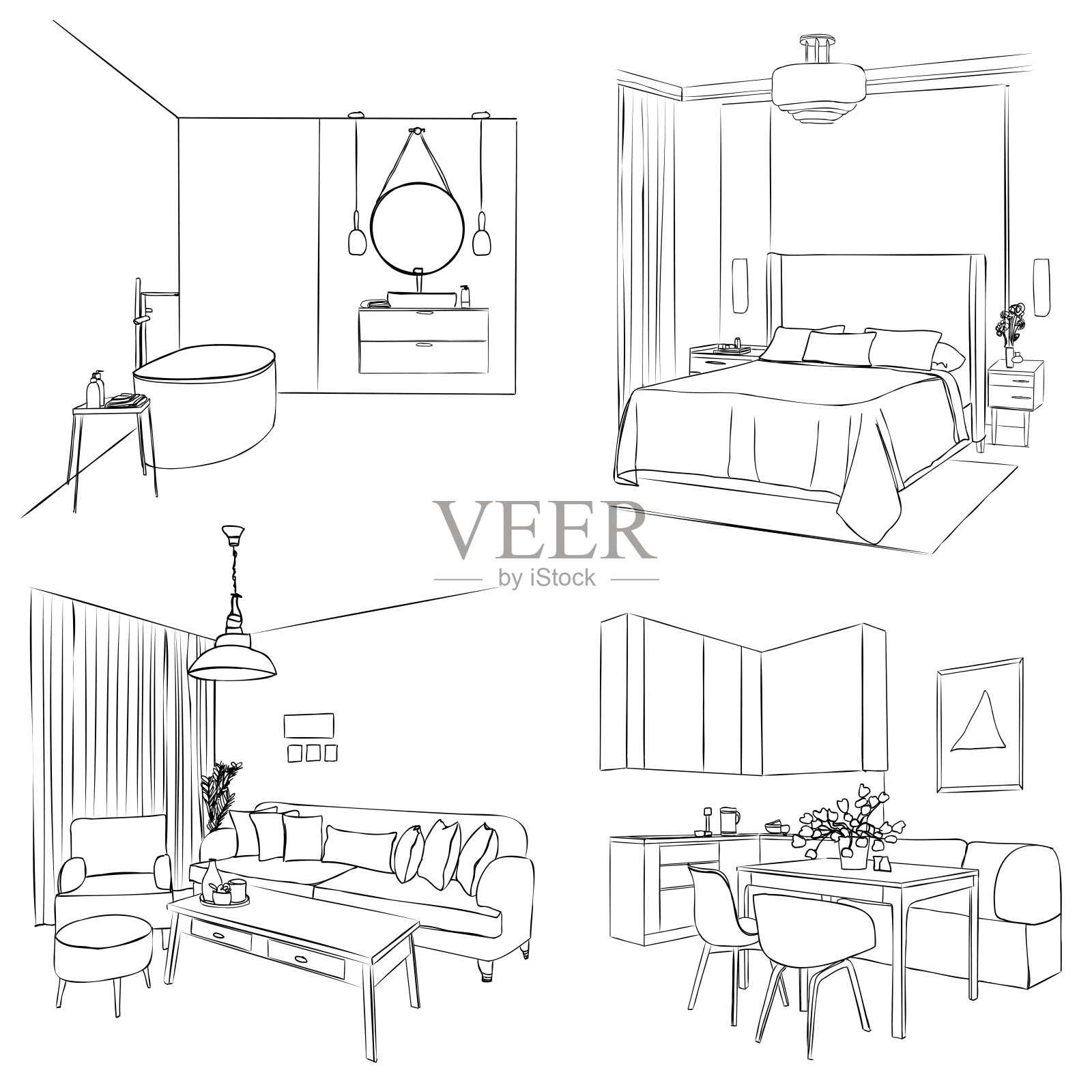 室内的草图。公寓设计、套装插画图片素材