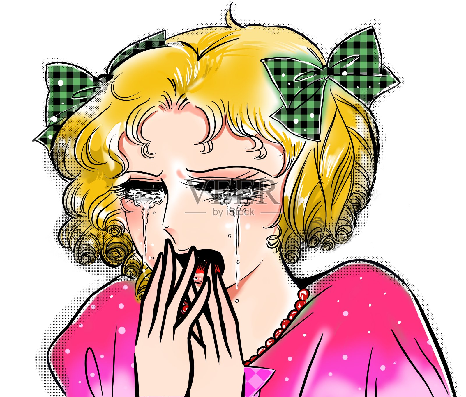 这幅插图描绘了一个年轻的金发女子，以70年代少女漫画的风格为破碎的心哭泣。插画图片素材