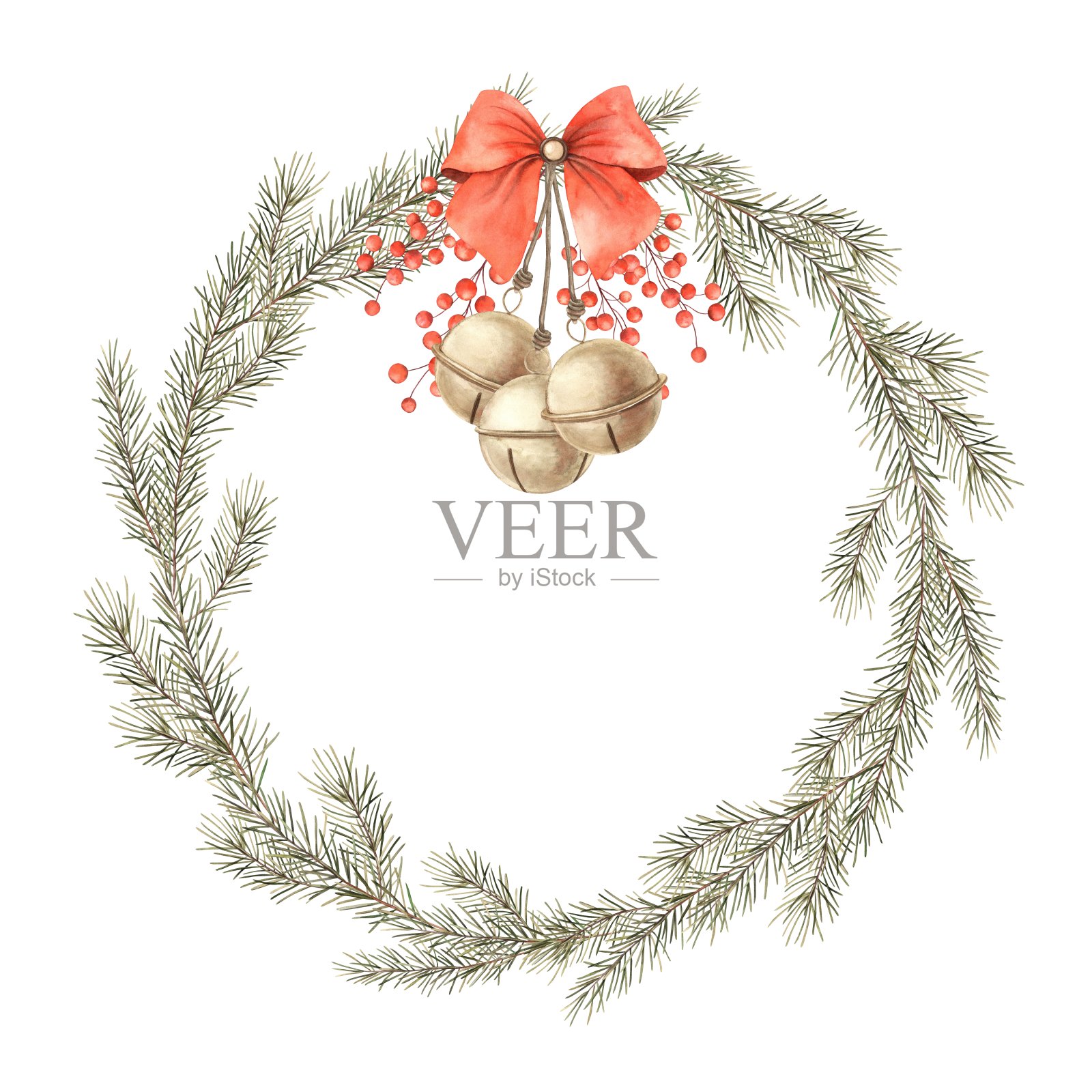 冷杉枝，红色的浆果，金色的铃铛和蝴蝶结。水彩植物花环上孤立的背景。采购产品圣诞节和新年假期的图纸，邀请，卡片，包装纸，装饰品。插画图片素材