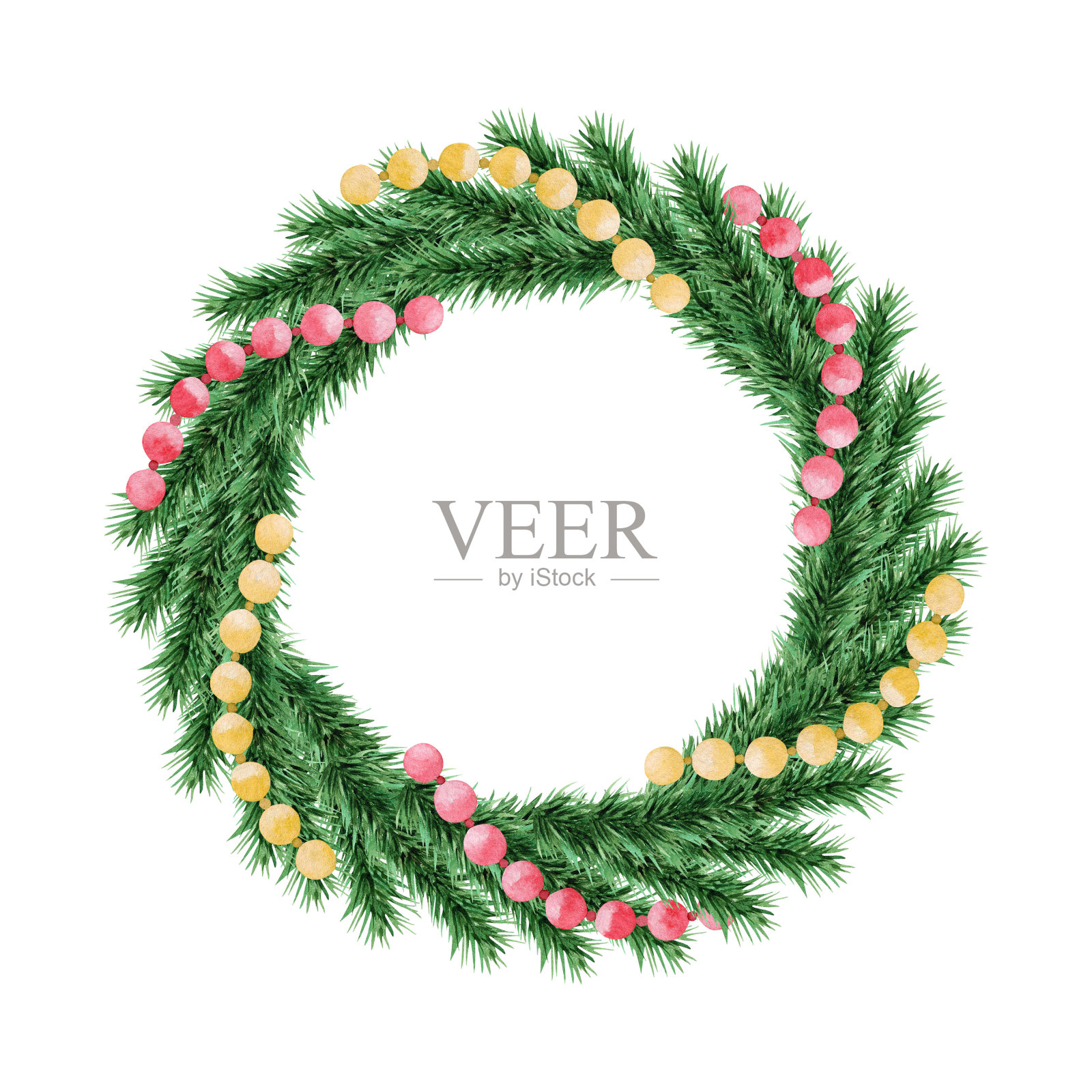 水彩手绘圣诞花环。节日装饰，圣诞装饰，相框。孤立在白色背景上。设计元素。插画图片素材