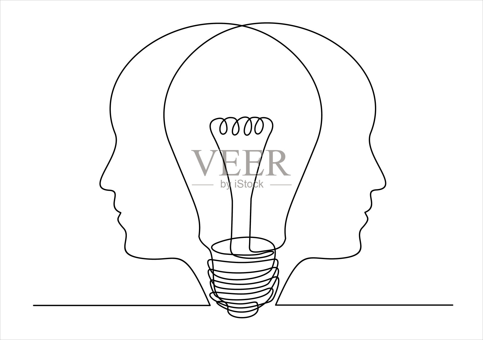 连续一行画灯泡符号的想法。在人的头脑中思考想法的概念插画图片素材