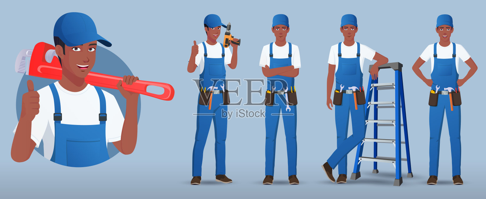 黑色勤杂工，维护工程师角色在各种姿势和手势持有工作工具矢量插图插画图片素材