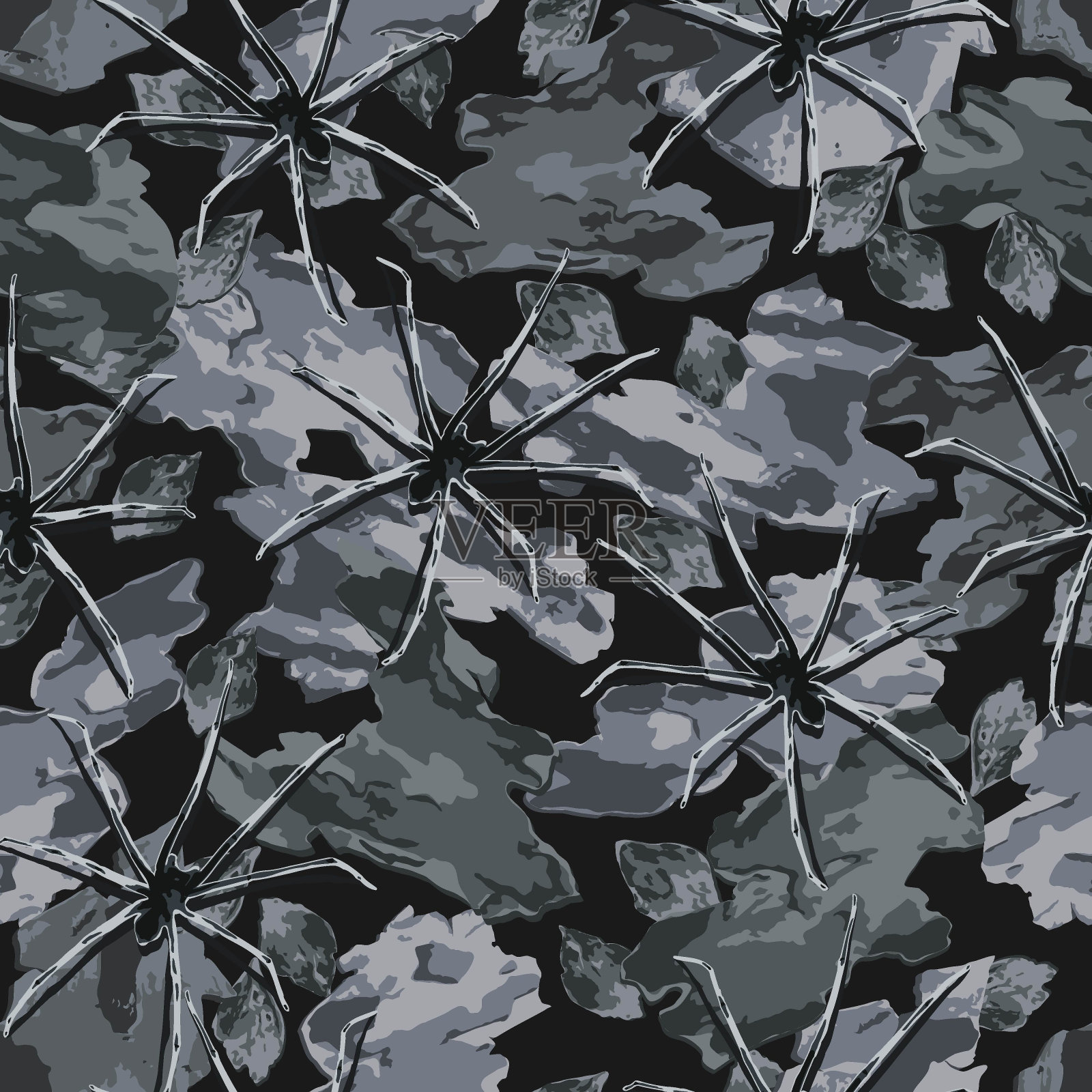 无缝灰色伪装图案与森林凋落物，干树皮碎片，爬行的大蜘蛛。野生自然。服装，织物，纺织品，体育用品的斑点背景。插画图片素材
