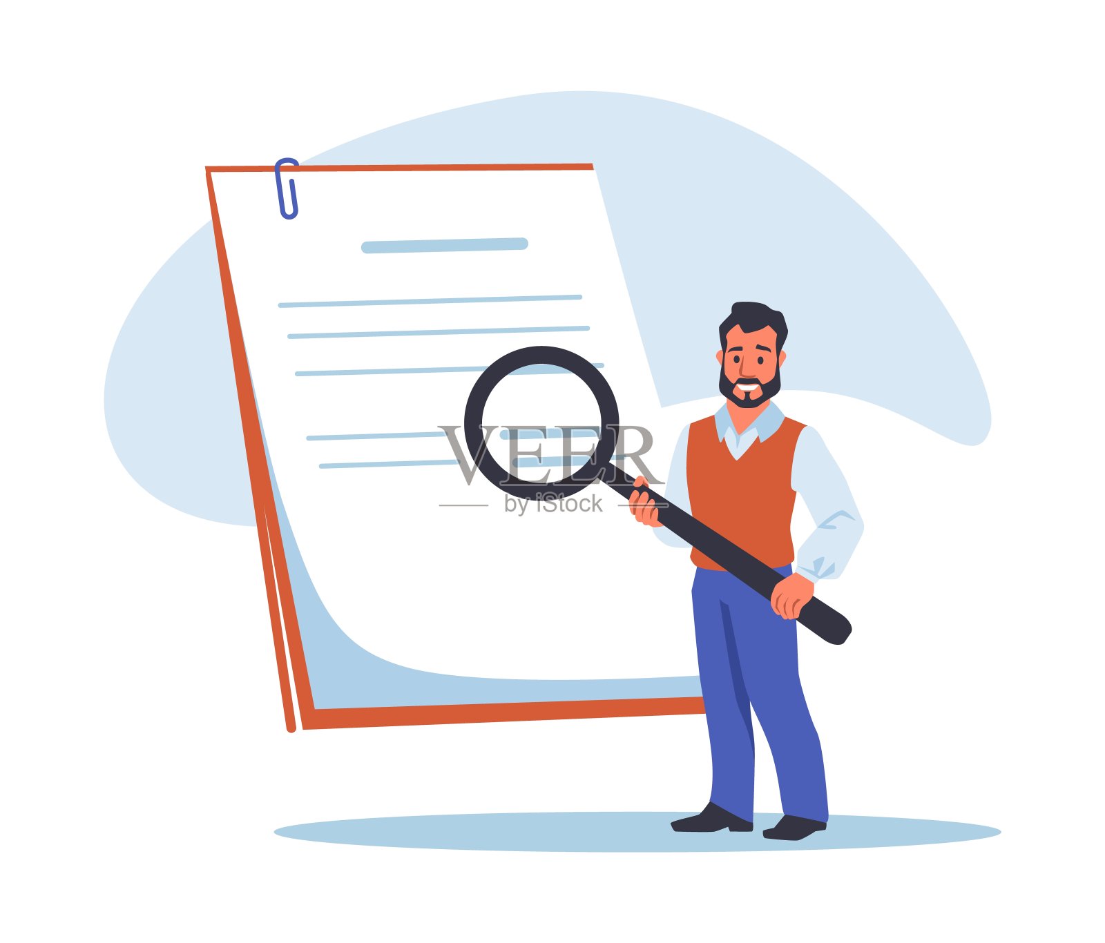 合同检查。拿着放大镜阅读商业文件的人。协议的审计。男性分析交易文本。法律审查。错误和欺诈搜索。论文修改。向量的概念插画图片素材