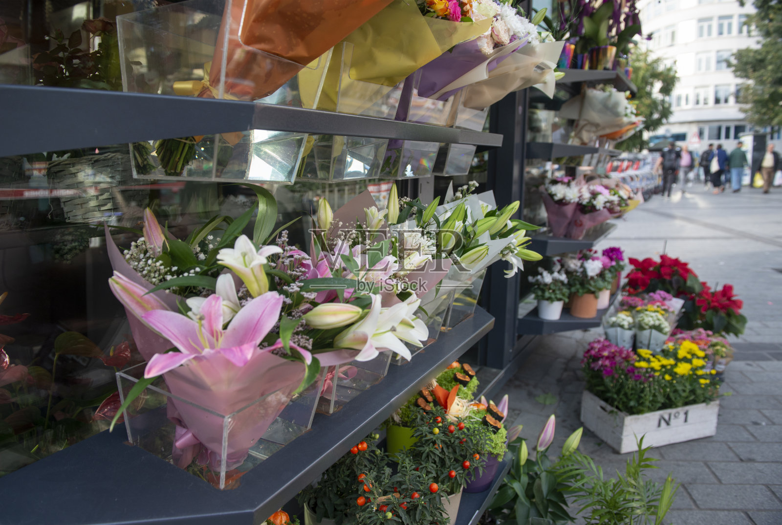 以城市风景为背景的花店里一排排美丽的花束照片摄影图片