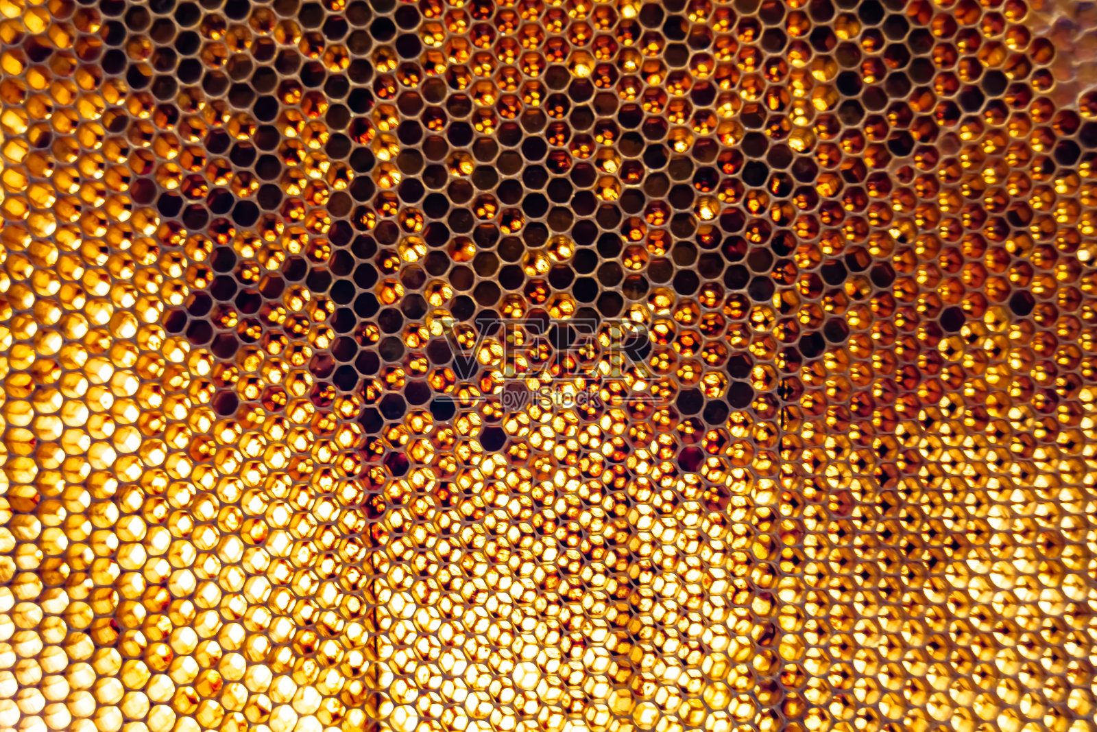 一滴蜜蜂的蜂蜜从装满金色花蜜的六边形蜂巢中滴下照片摄影图片