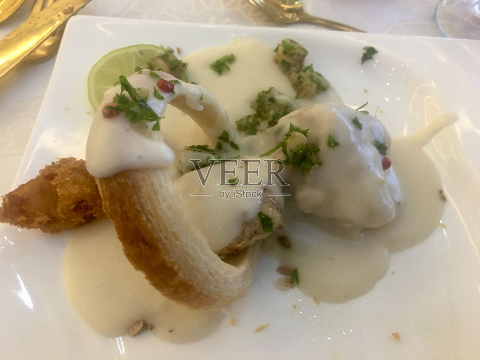 奶油酱和香草配菜鸡肉卷照片摄影图片