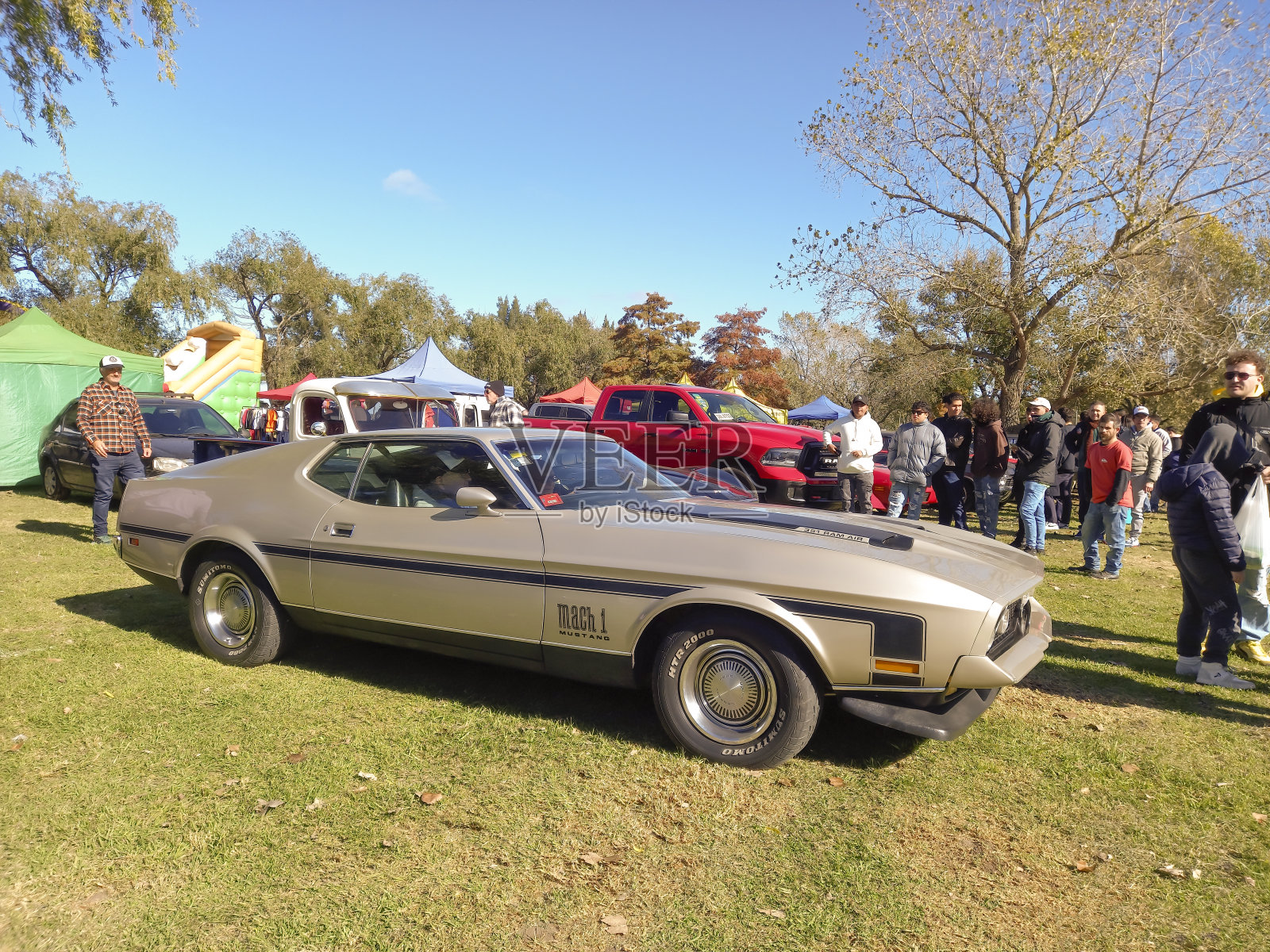 老运动肌肉70年代福特野马1 351马赫RAM Air轿跑车在草坪上的一个经典车展照片摄影图片
