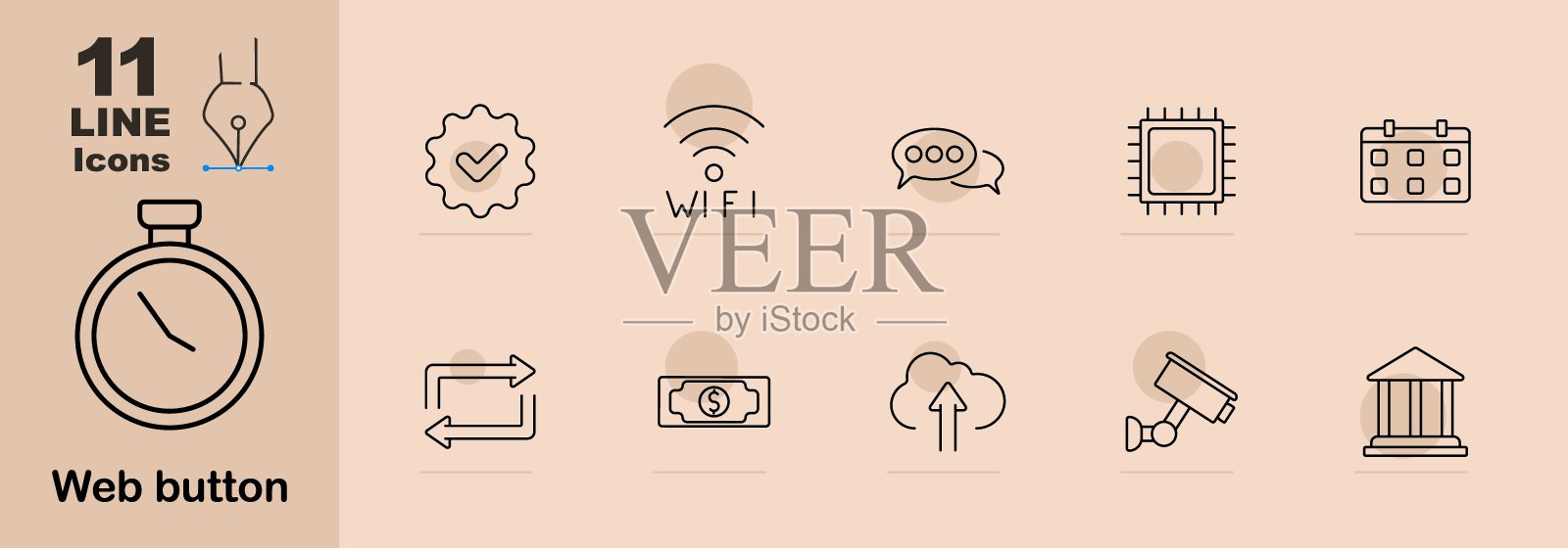 Web按钮集图标。秒表、齿轮、wifi、聊天、处理器、日历、交换、金钱、上传、云、相机、银行、通信、技术、在线、数字、交易、互联网、安全、计时器插画图片素材