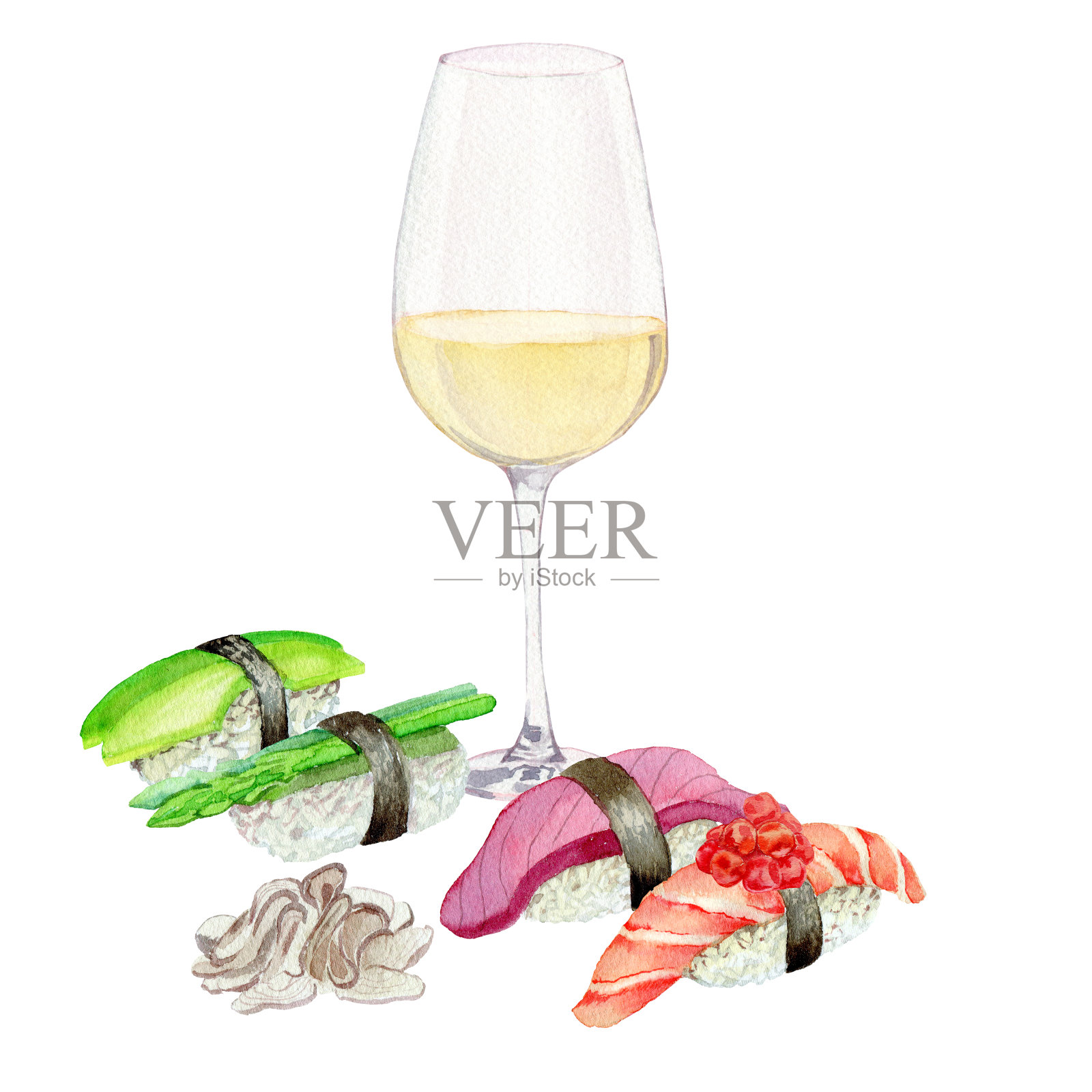 三文鱼和虾寿司，芦笋和姜，海鲜，一杯白葡萄酒或清酒，涂上插画图片素材