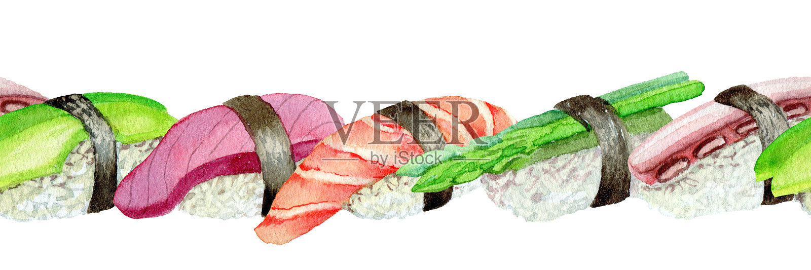 三文鱼和虾寿司，芦笋，虾，海鲜，无缝边框，用水彩画，为餐厅菜单和鱼店设计插画图片素材