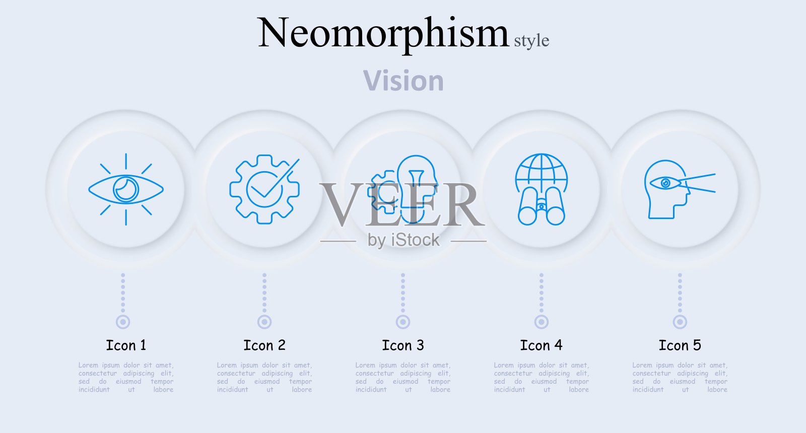 视觉集图标。眼睛，带有勾号的齿轮，带有齿轮的灯泡，带有双筒望远镜的地球仪，带有视线线的头部，观察，产生想法，创新，全球视野，洞察力插画图片素材