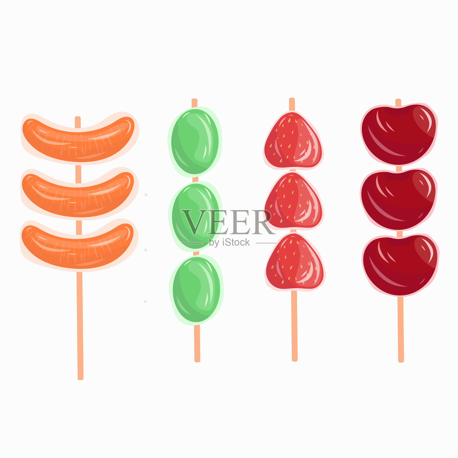 Tanghulu集。糖衣街头小吃，亚洲病毒甜品。草莓、葡萄、橘子、樱桃。插画图片素材