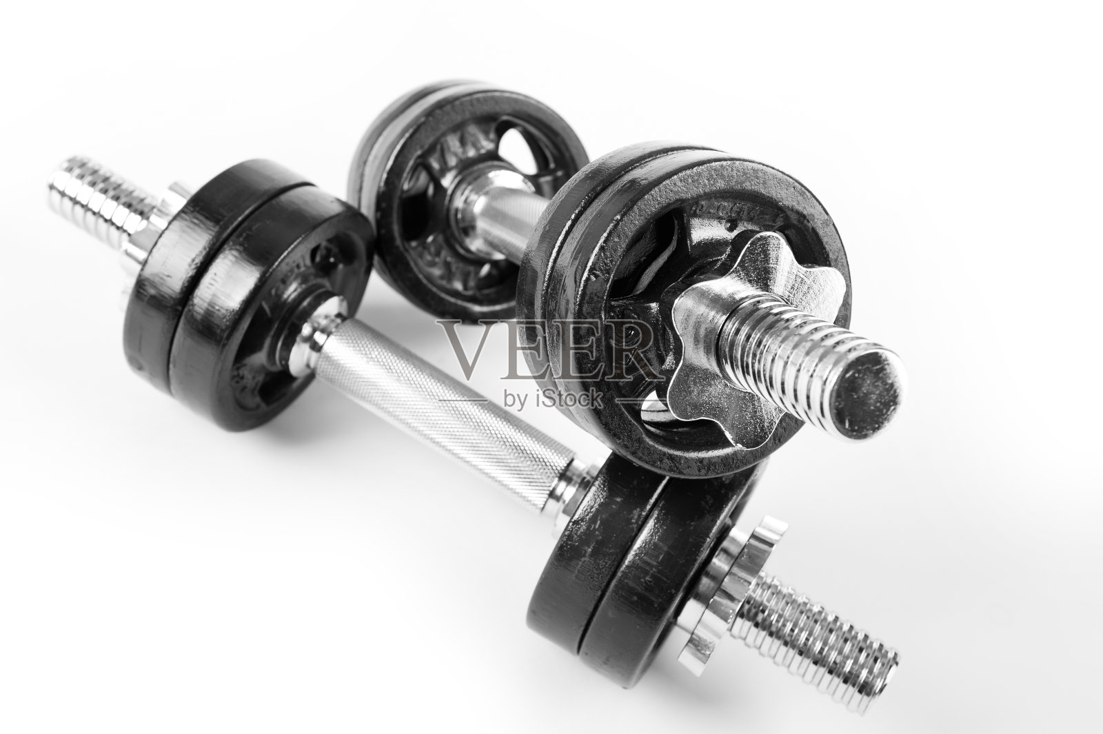 杠铃在白色背景的高角度视图照片摄影图片