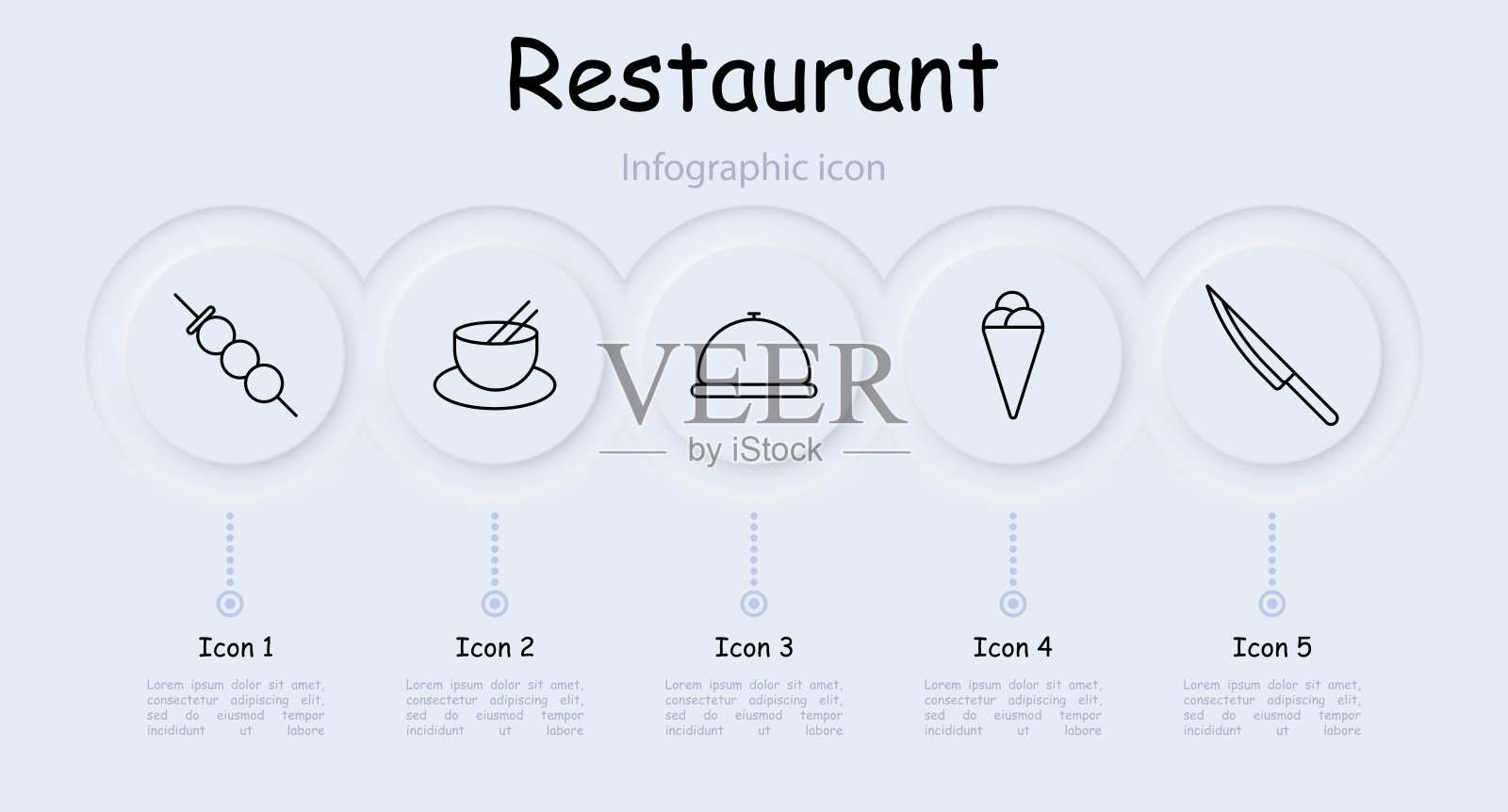 餐厅设置图标。时钟、厨刀、冰淇淋、碗面、筷子、信息图、新物、主菜、汤、热菜、餐具、dango。美食概念。插画图片素材