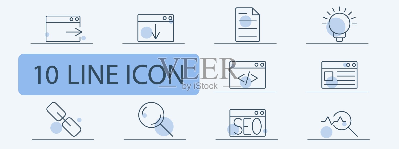 网络和数字营销线图标集。浏览器带箭头，浏览器下载，文档，编码，网页，链接，放大镜，SEO，分析。在线、互联网、科技理念。插画图片素材