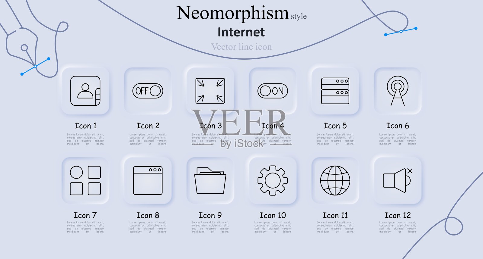 互联网设置图标。用户配置文件，关闭，扩展，打开，服务器，信号塔，应用程序，浏览器，文件夹，设置，全局，静音。Web、网络和连接性概念插画图片素材