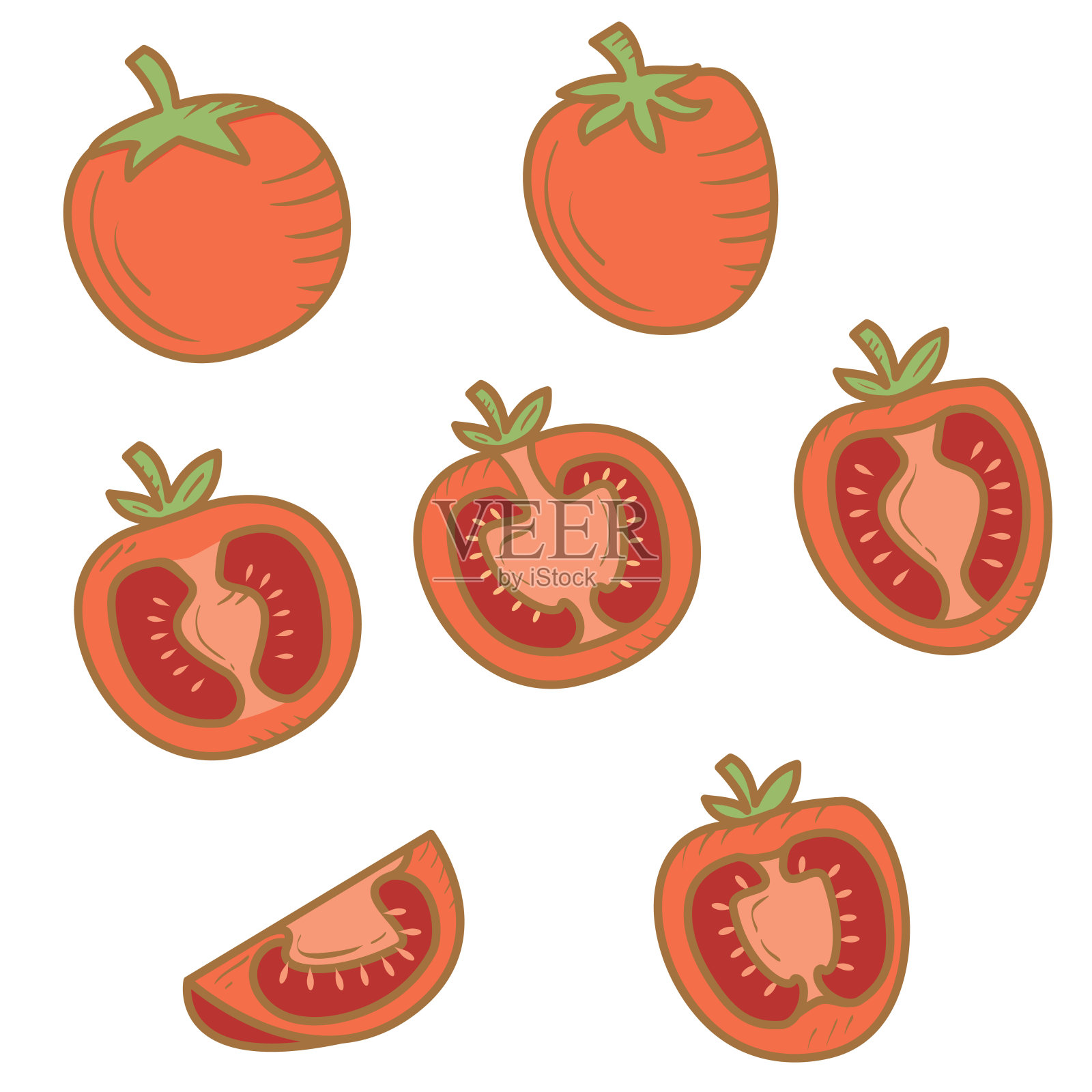 新鲜的西红柿。红番茄收藏。蔬菜片和一个完整的西红柿。插画图片素材