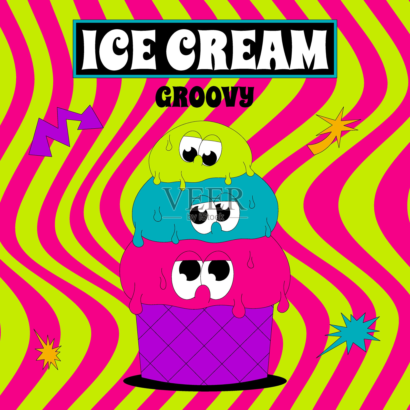 迷幻卡与字符在groovy的风格。复古时尚海报。绝妙的冰淇淋。酸性颜色的平面矢量元素。插画图片素材