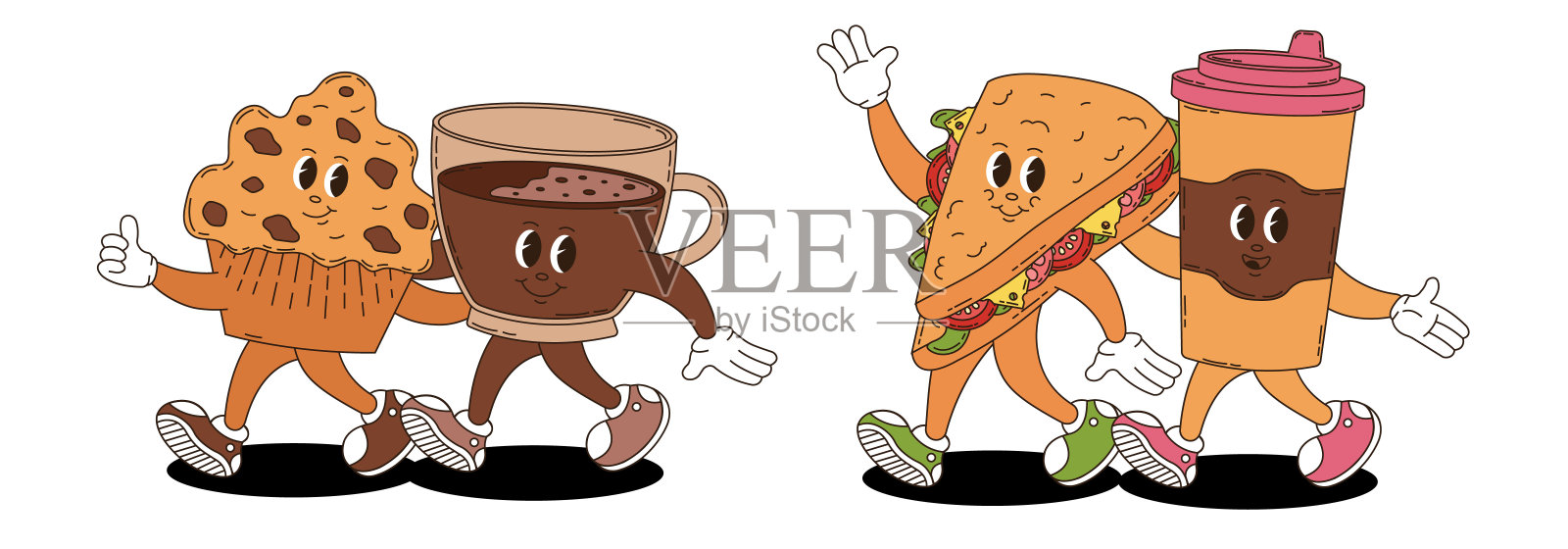 复古时髦的快餐，甜点和咖啡人物集。咖啡，纸杯蛋糕，三明治。插画图片素材