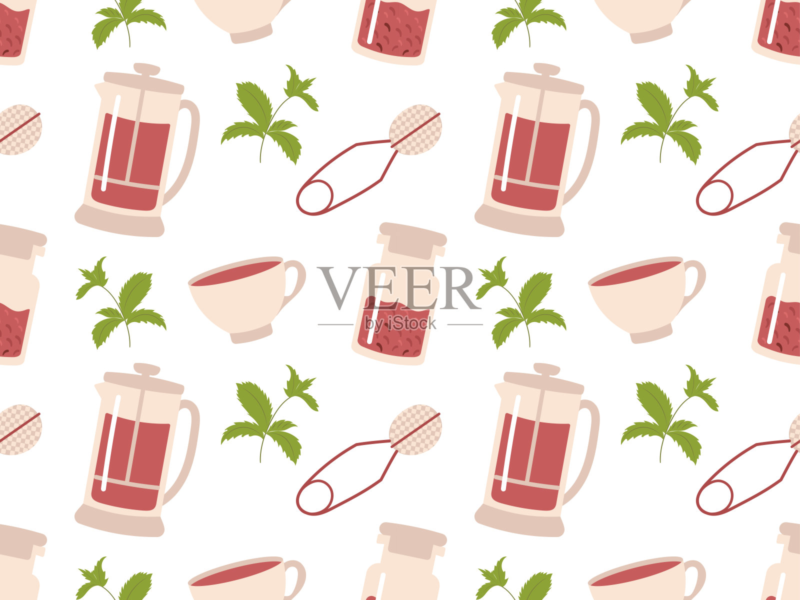 无缝图案与手绘茶和咖啡杯和壶的剪贴簿，包装纸，纺织品印花，壁纸，背景等。每股收益10插画图片素材