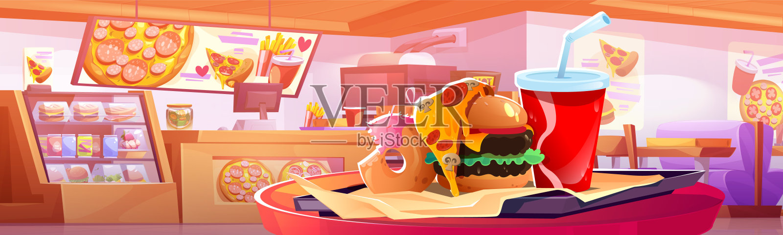 快餐店内部有汉堡和柜台插画图片素材