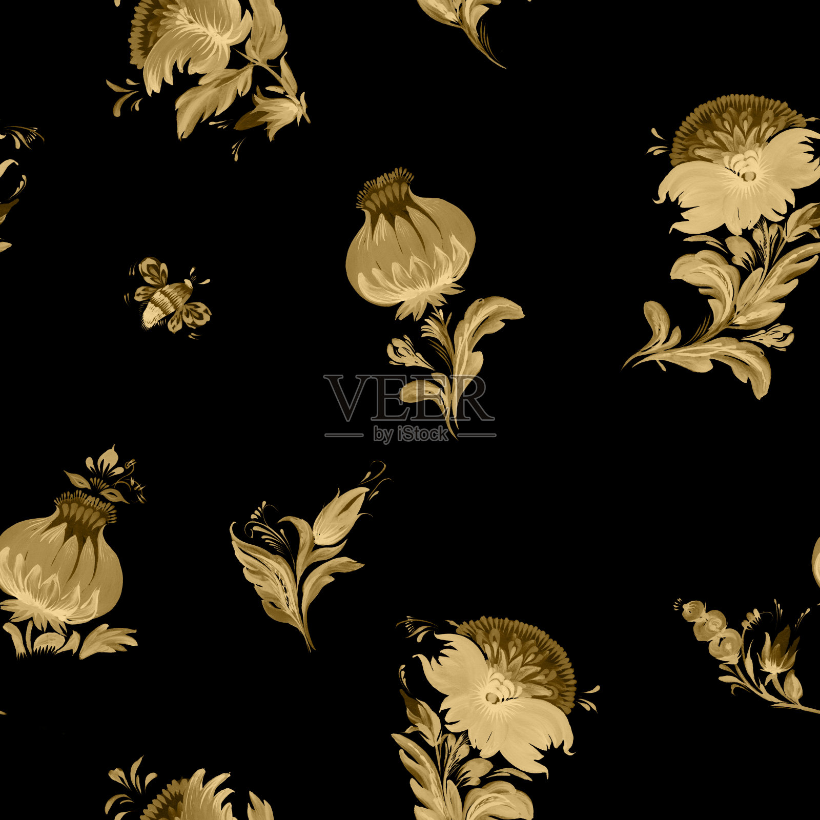 花卉无缝图案，一小束金色的花在黑色的背景上插画图片素材