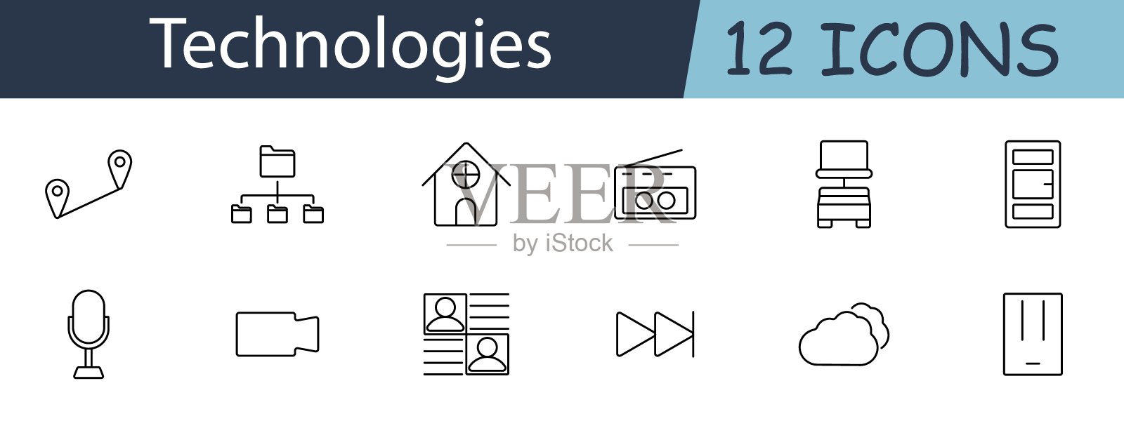 技术集图标。GPS，文件系统，智能家居，收音机，服务器，微型，相机，配置文件，快进，云存储，路由器，文档。技术的概念。白色背景上的矢量线图标。插画图片素材
