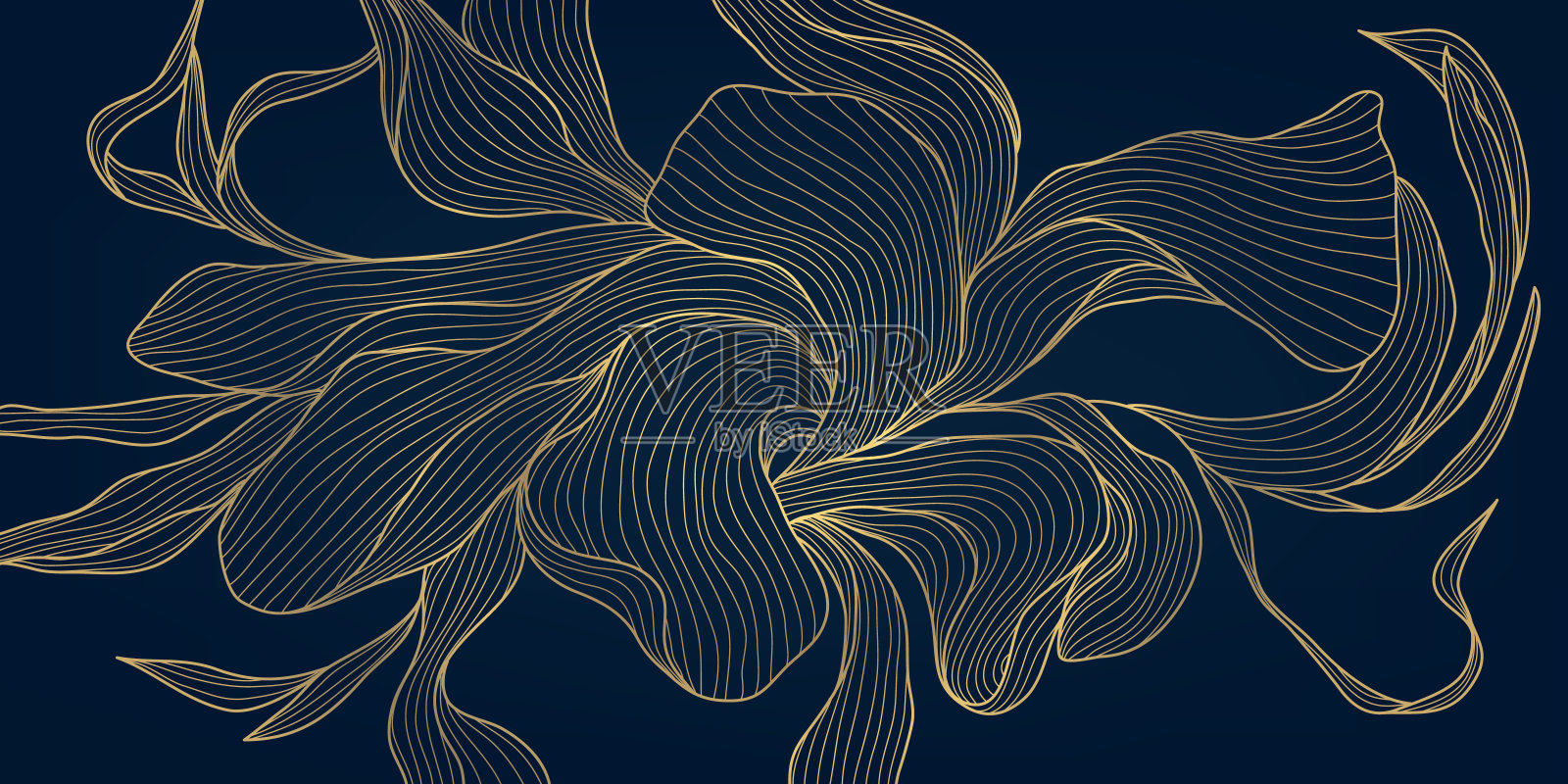 矢量金叶图案，奢华的花朵背景，线条自然艺术装饰设计。优雅的树叶插图，花园图形，线性绘图。插画图片素材