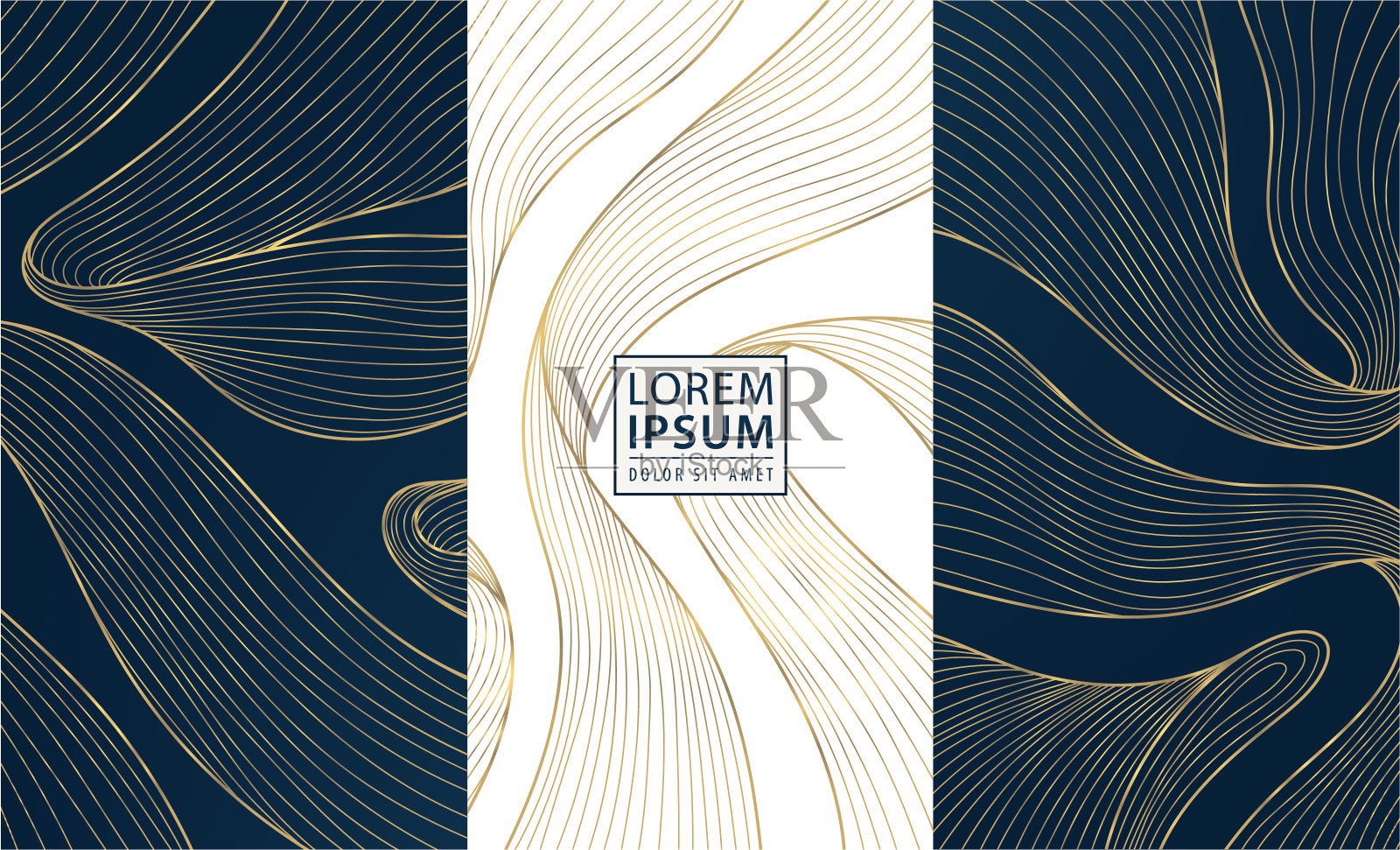 矢量集波浪设计线标签，海的图案，酒的包装。艺术日式质感，金色奢华抽象点缀。优雅的海洋图形，花哨的插图。插画图片素材