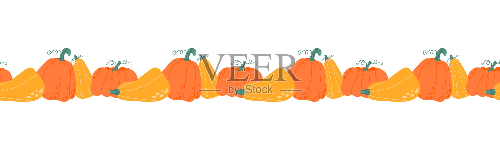 五颜六色的秋天南瓜水平无缝背景。季节性秋收。手绘平面矢量插图孤立的白色背景，设计元素。季节性的秋季横幅设计问候或促销。插画图片素材