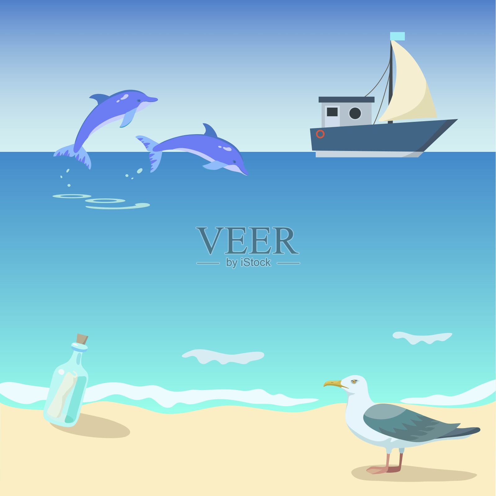 船在海上与海豚，瓶子和海鸥。矢量插图。插画图片素材