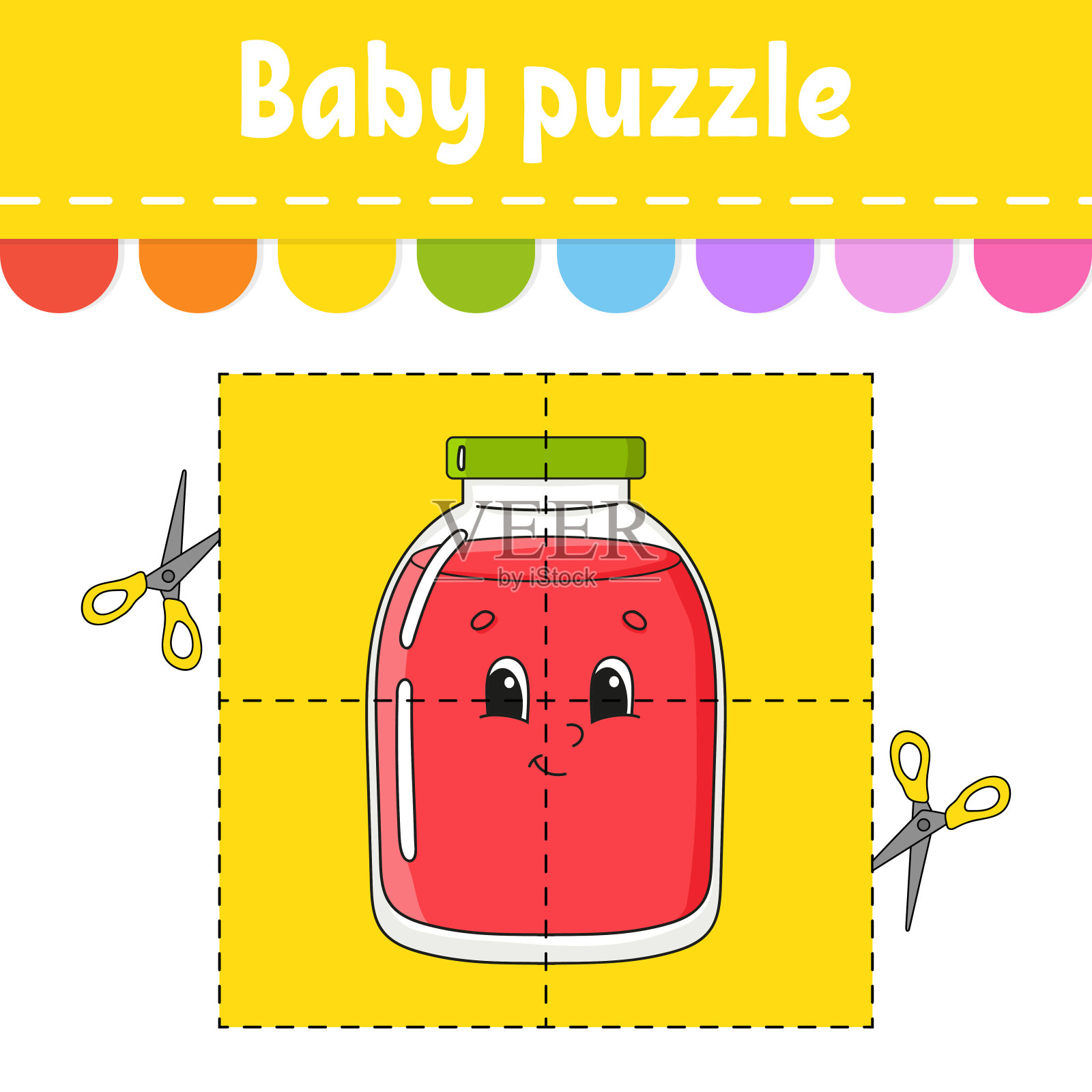 婴儿难题。简单的水平。卡片。Cut and play。给活动工作表上色。儿童游戏。卡通人物。矢量插图。插画图片素材