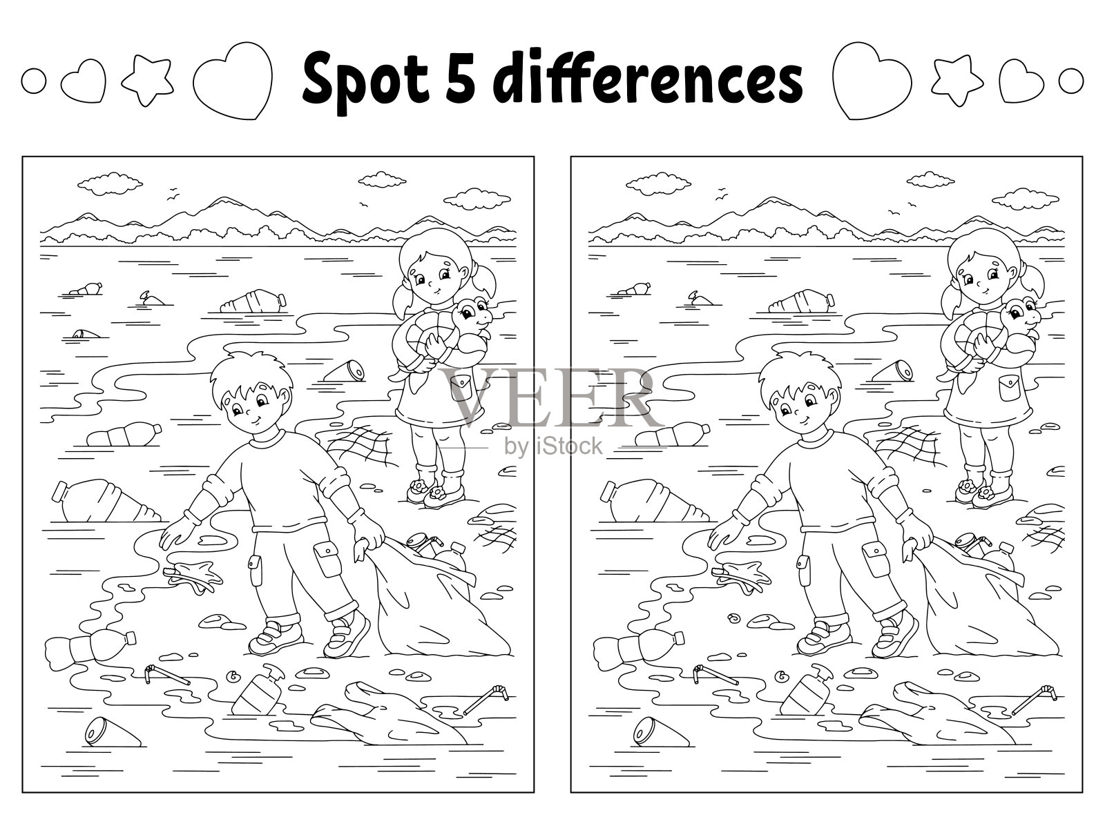 找出五个不同点。儿童涂色页。儿童活动练习表。矢量插图隔离在白色背景上。插画图片素材