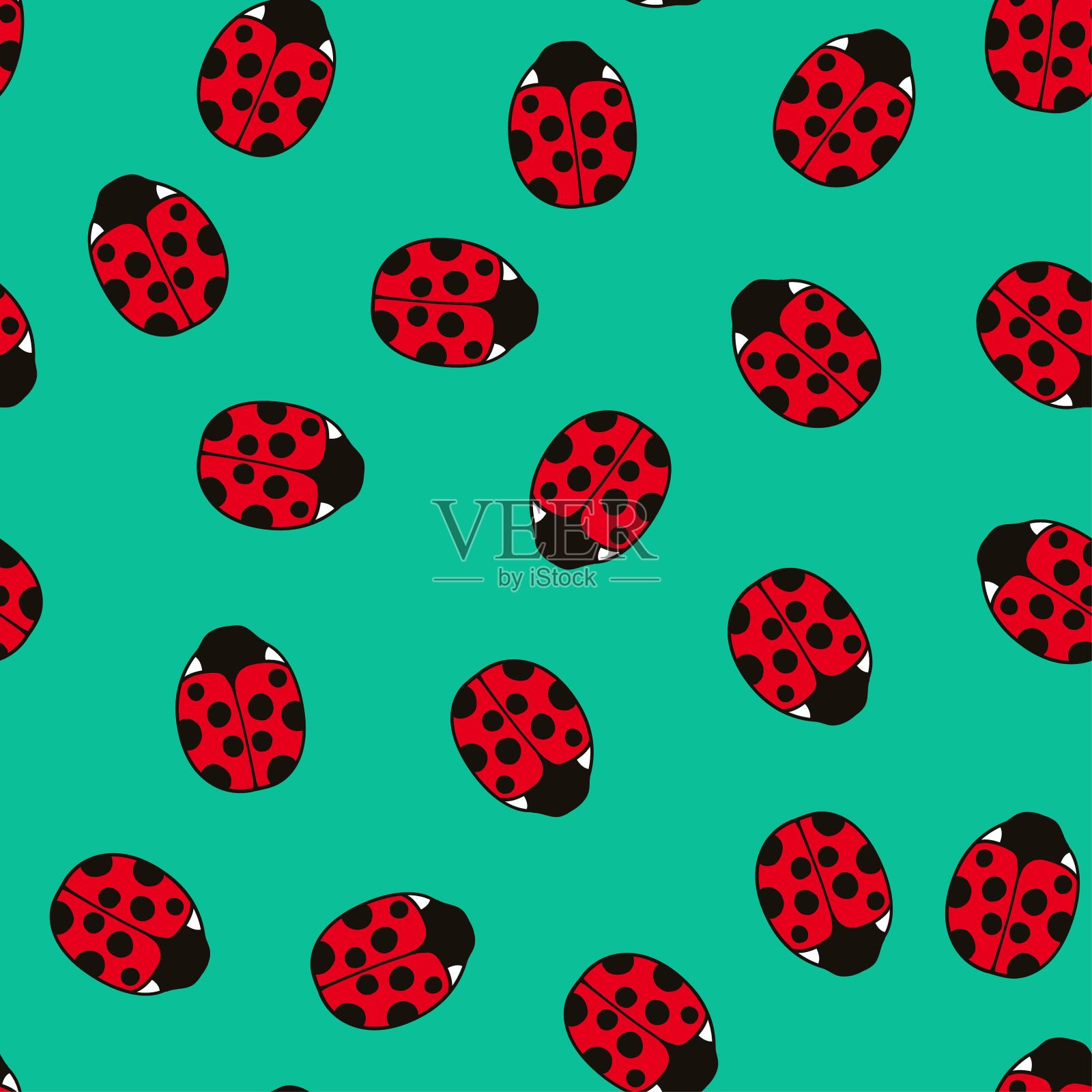 无缝图案与可爱的瓢虫和卷曲的抽象线条元素。矢量插图。插画图片素材