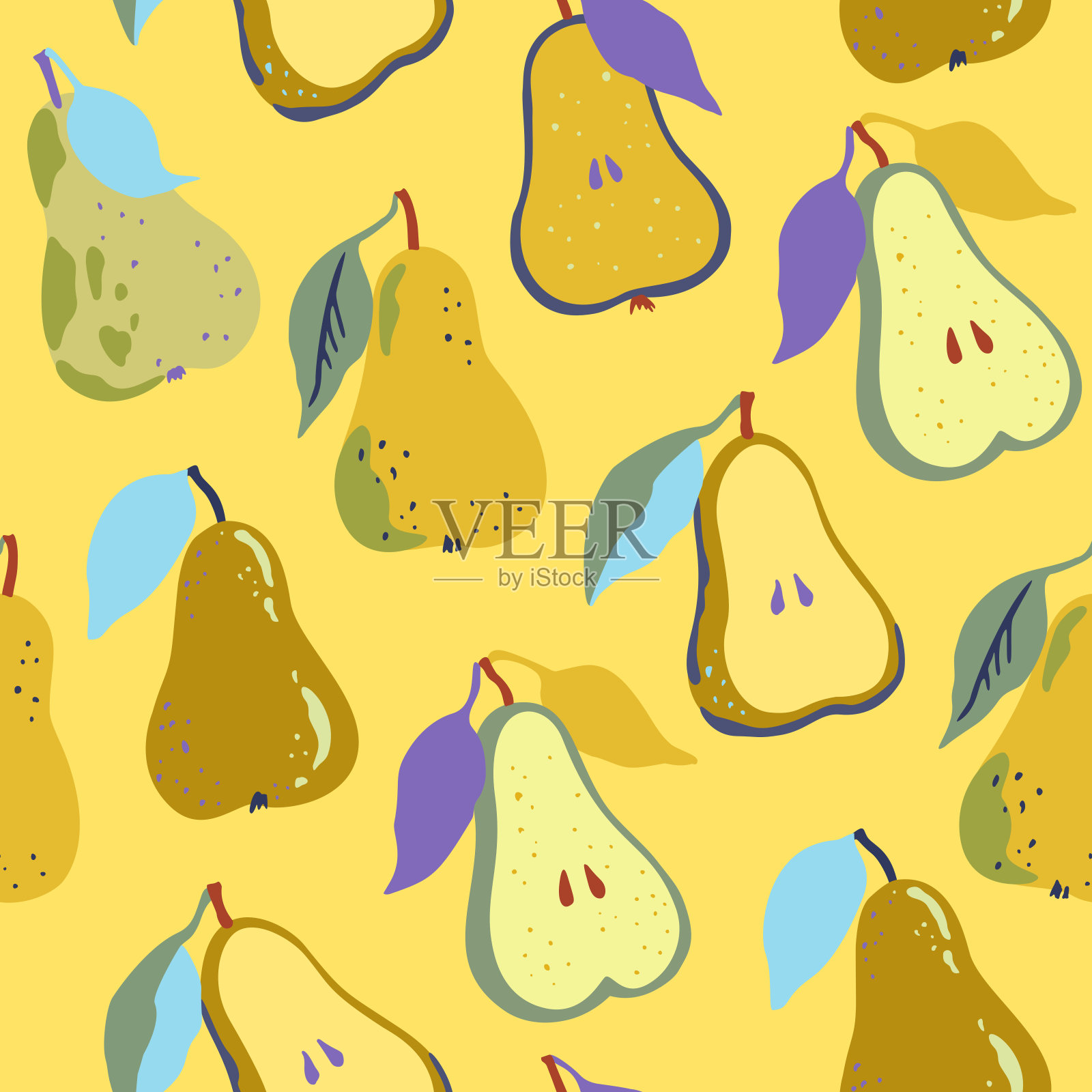 无缝图案与梨和梨的一半在抽象极简主义风格。矢量插图。插画图片素材