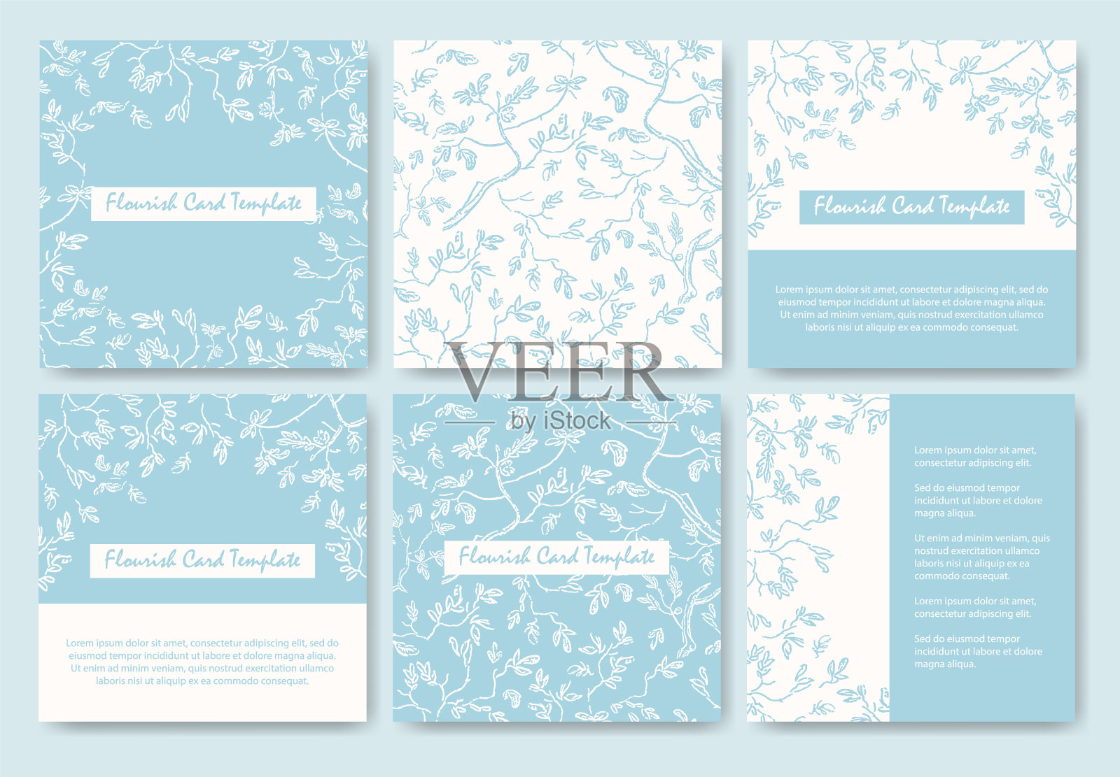 优雅的抽象背景与手绘花卉元素。社交媒体的白色和蓝色矢量模板插画图片素材