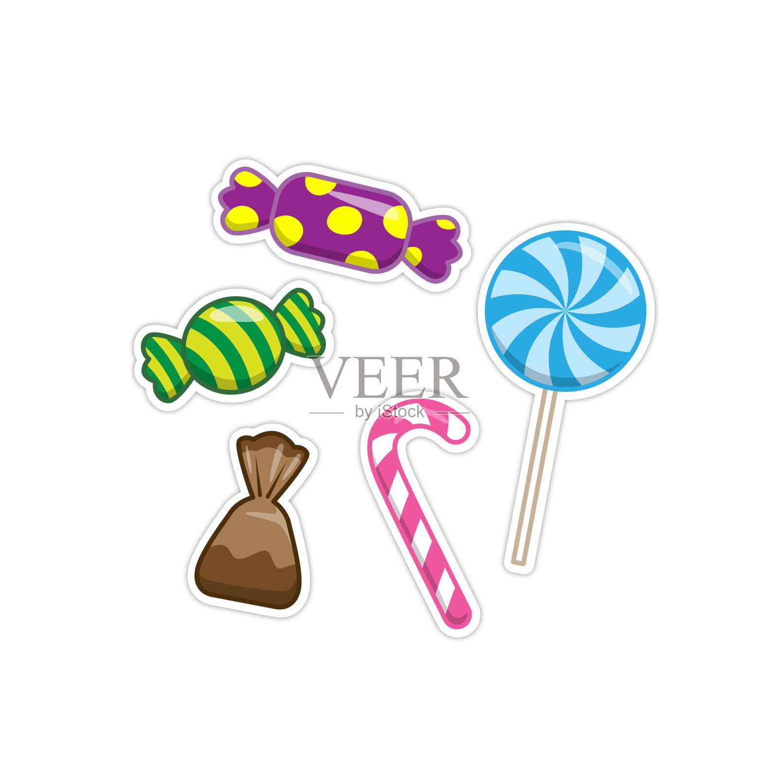 向量插图彩色糖果集与棒棒糖，包装的糖果，和糖果袋。插画图片素材