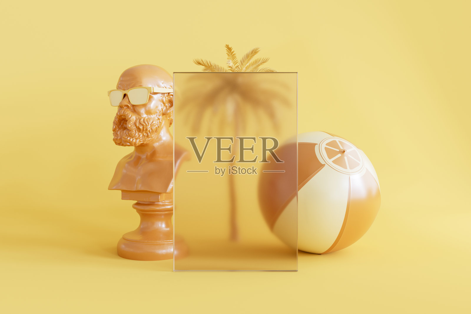 沙滩球，胸像和棕榈树后面的玻璃框架在黄色夏天的背景照片摄影图片