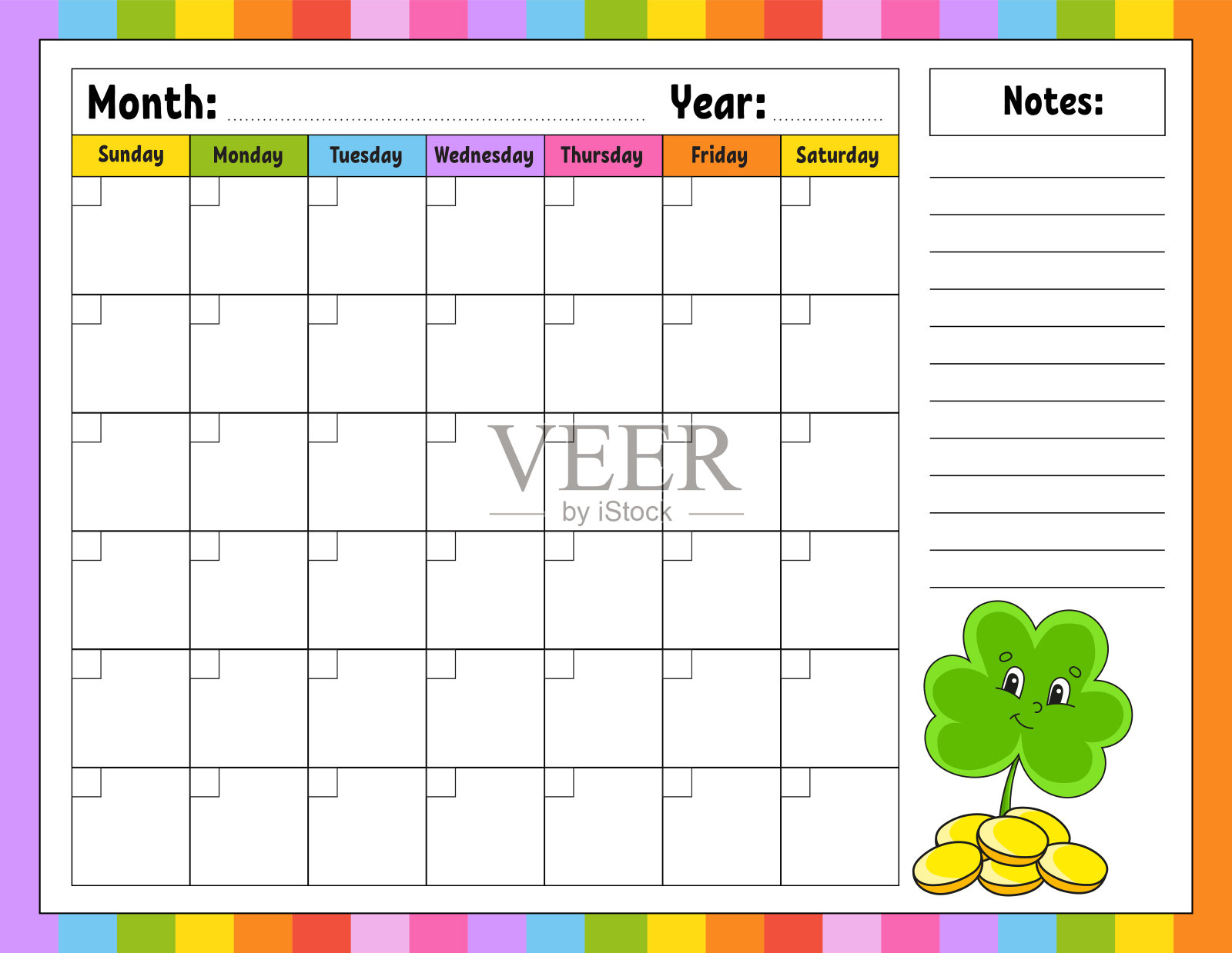 空白日历模板一个月没有日期。色彩缤纷的设计与可爱的人物。矢量插图。插画图片素材