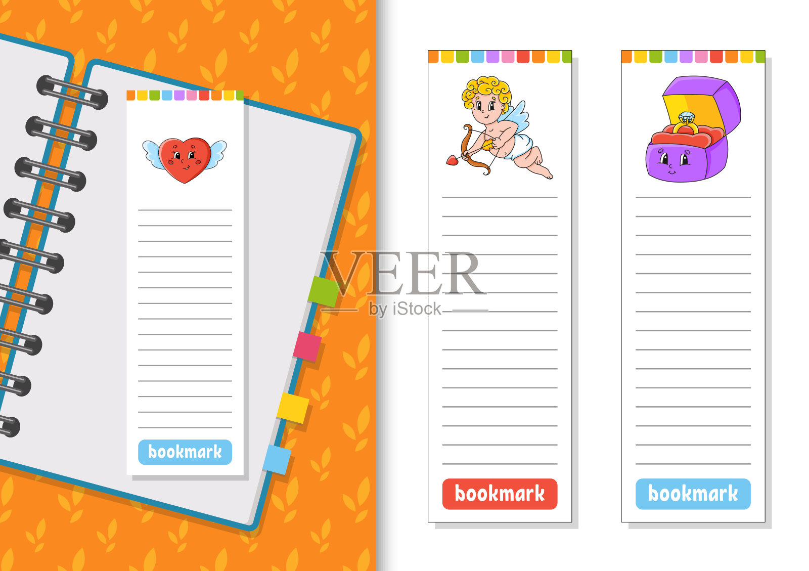 一套纸书签的书与可爱的卡通人物。为孩子。孤立在白色背景上。矢量插图。插画图片素材