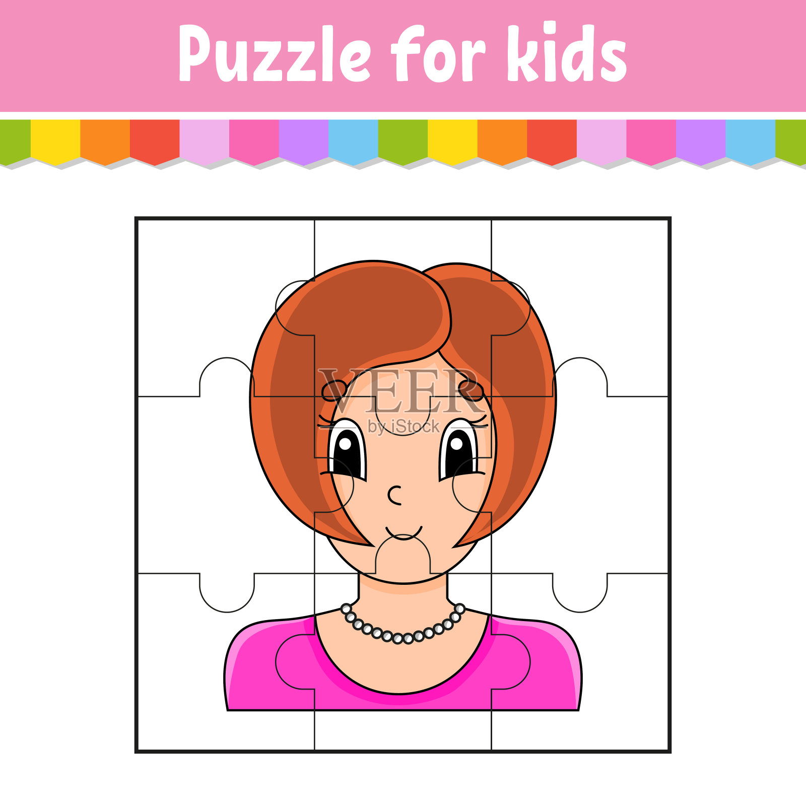 儿童益智游戏。拼图碎片。颜色表。活动页面。卡通风格。矢量插图。插画图片素材