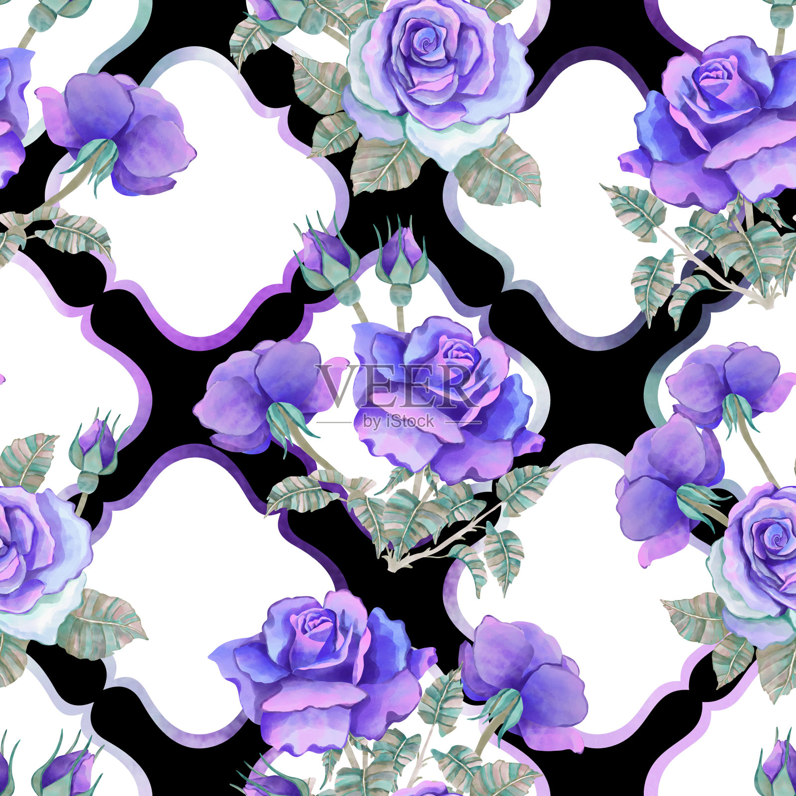 玫瑰。无缝花卉图案与玫瑰，水彩。美丽的水彩插图野生盛开的花卉图案。精致的花朵。用于服装、配饰、纺织品及室内装饰插画图片素材