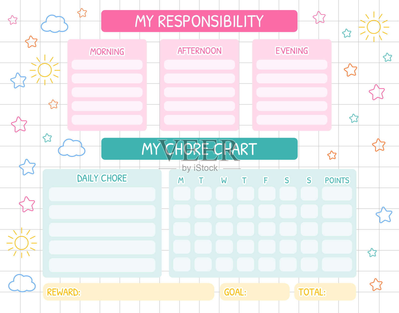 件图。日常职责表。学校日常生活，行为表，后果，儿童每日检查表。孩子们有纪律，有动力。每周计划，任务，为学生做的清单。插画图片素材