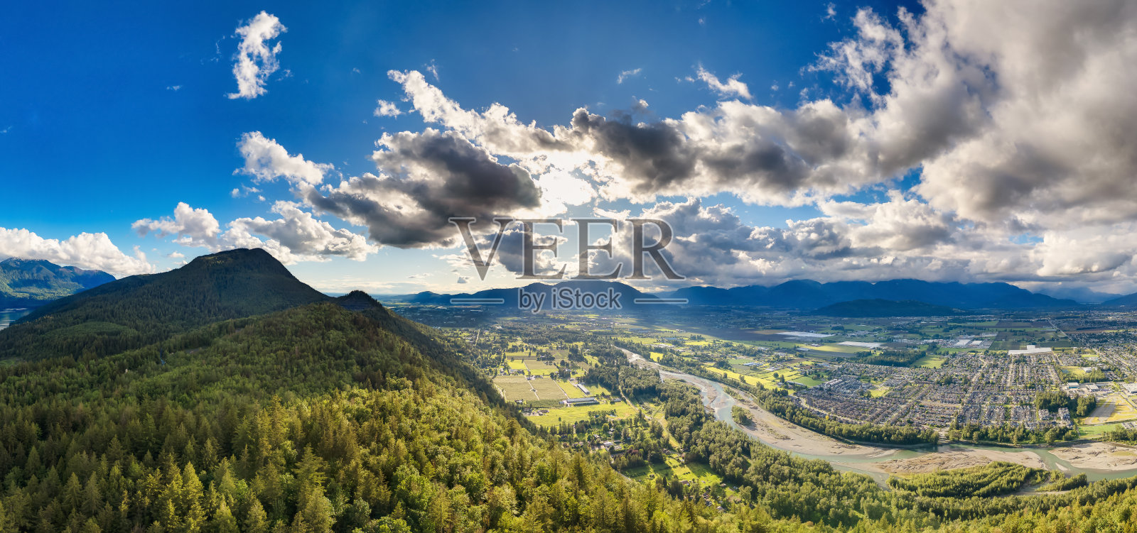 加拿大山谷中的山地景观航拍全景：房屋和农场照片摄影图片